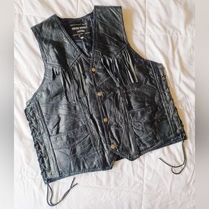 Vintage Buffalo Leather Italian Stone Design Motorcycle Biker Vest Fringe West